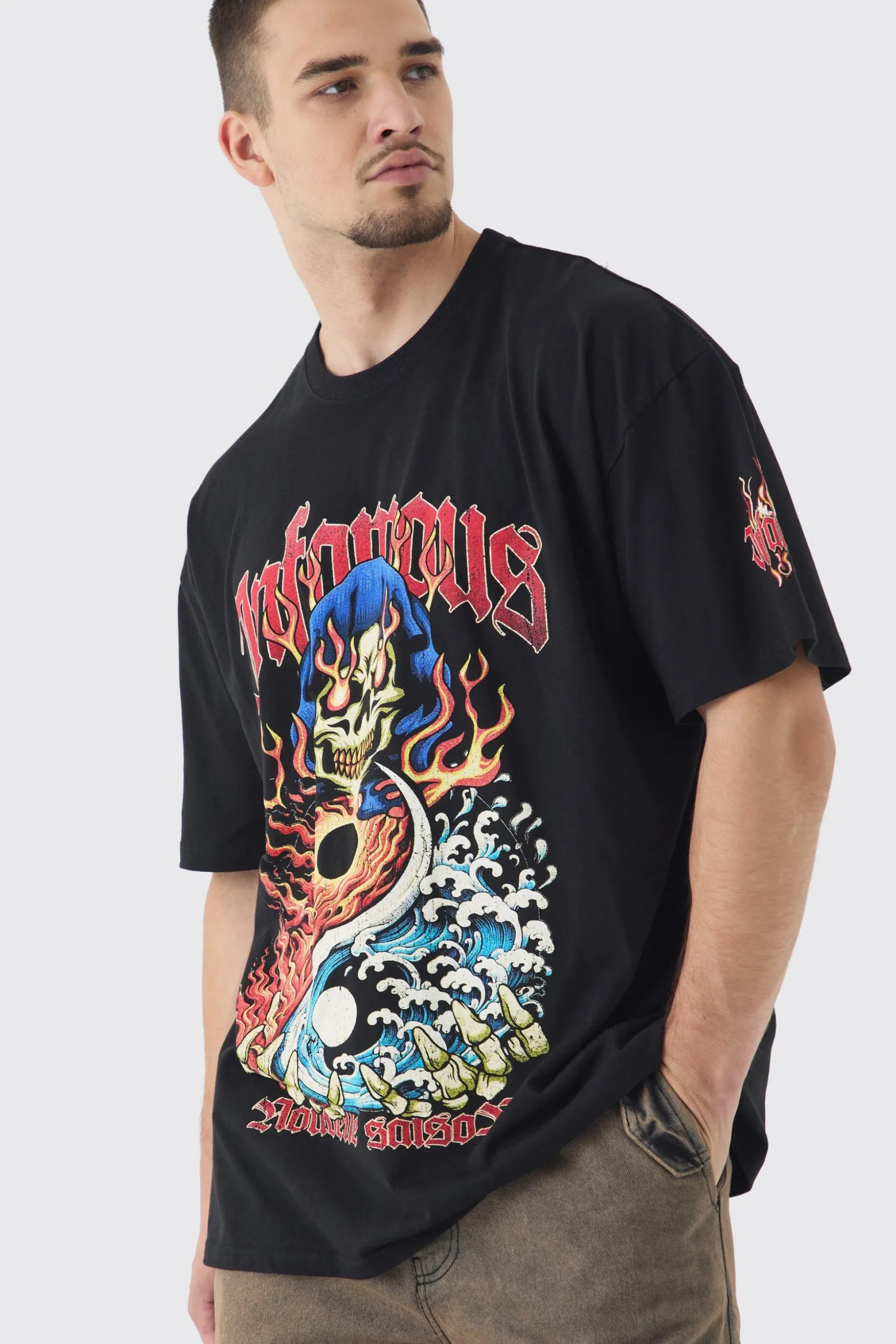 Tall Infamous Flame Print Oversized T-shirt In Black | BoohooMAN UK
