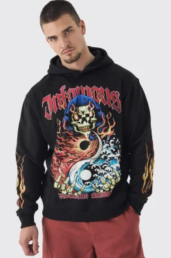 Tall Infamous Flame Print Oversized Hoodie In Black | BoohooMAN UK