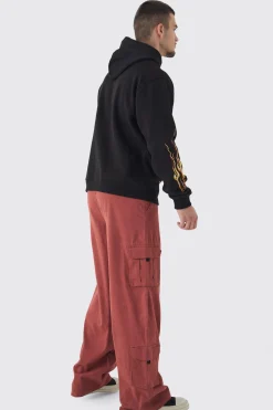 Tall Infamous Flame Print Oversized Hoodie In Black | BoohooMAN UK