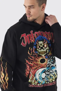 Tall Infamous Flame Print Oversized Hoodie In Black | BoohooMAN UK