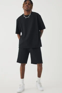 Tall Jacquard T-shirt & Relaxed Short Set | BoohooMAN UK