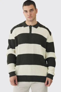 Tall Knitted Stripe Rugby Polo | BoohooMAN UK