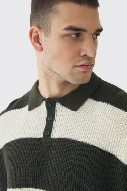 Tall Knitted Stripe Rugby Polo | BoohooMAN UK