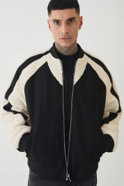 Tall Limited Applique Borg And Melton Bomber Jacket In Black | BoohooMAN UK