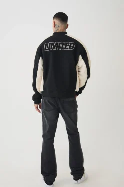 Tall Limited Applique Borg And Melton Bomber Jacket In Black | BoohooMAN UK