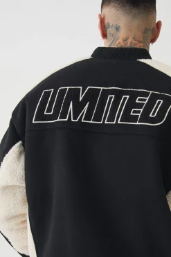 Tall Limited Applique Borg And Melton Bomber Jacket In Black | BoohooMAN UK