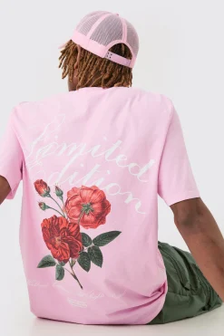 Tall Limited Edition Floral Graphic Backprint T-shirt In Pink | BoohooMAN UK