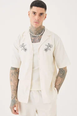 Tall Linen Embroidered Drop Revere Shirt In Natural | BoohooMAN UK