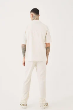Tall Linen Embroidered Drop Revere Shirt In Natural | BoohooMAN UK