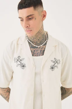 Tall Linen Embroidered Drop Revere Shirt In Natural | BoohooMAN UK