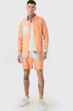 Tall Linen Look Pocket Detail Abstract Shirt & Short Set | BoohooMAN UK