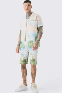 Tall Linen Look Watercolour Landscape Shirt & Short Set | BoohooMAN UK