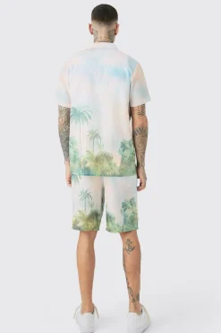 Tall Linen Look Watercolour Landscape Shirt & Short Set | BoohooMAN UK