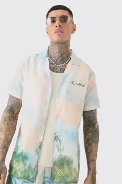 Tall Linen Look Watercolour Landscape Shirt & Short Set | BoohooMAN UK