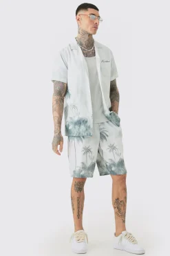 Tall Linen Look Watercolour Landscape Shirt & Short Set | BoohooMAN UK