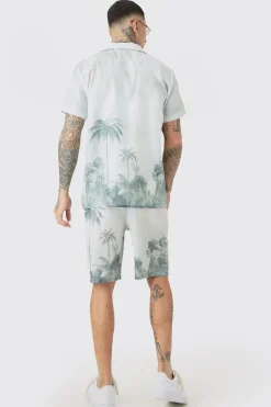 Tall Linen Look Watercolour Landscape Shirt & Short Set | BoohooMAN UK