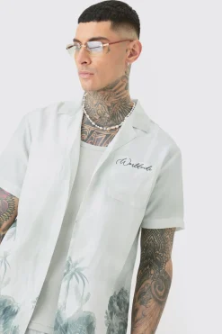 Tall Linen Look Watercolour Landscape Shirt & Short Set | BoohooMAN UK