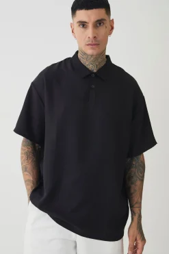 Tall Linen Polo In Black | BoohooMAN UK