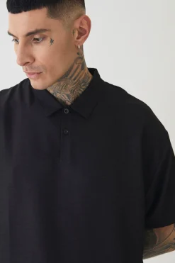 Tall Linen Polo In Black | BoohooMAN UK