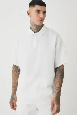 Tall Linen Polo In White | BoohooMAN UK