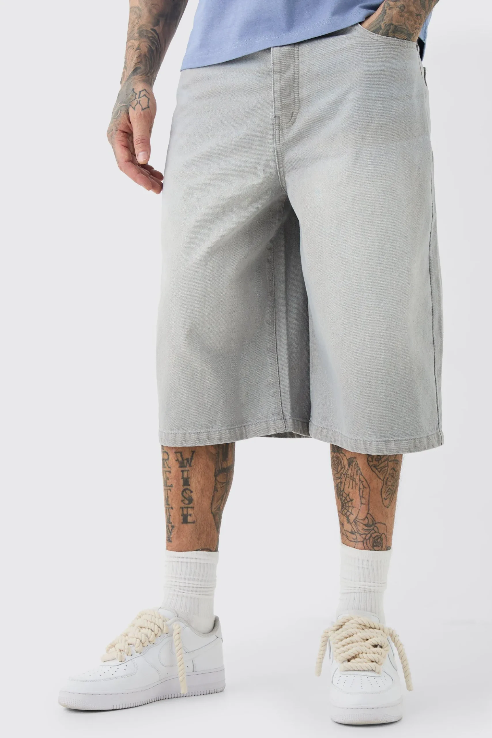 Tall Long Line Denim Jorts In Grey Wash | BoohooMAN UK