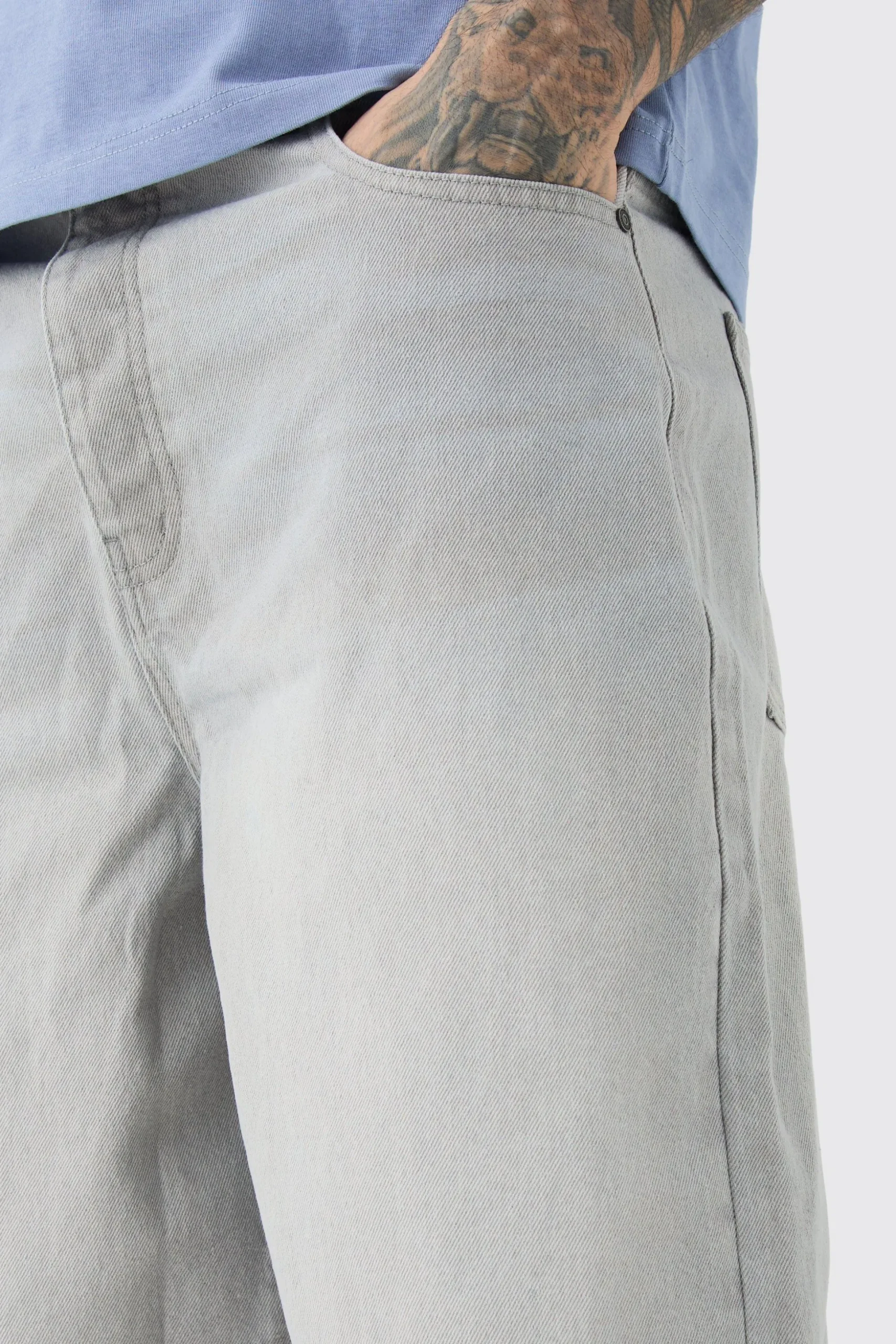 Tall Long Line Denim Jorts In Grey Wash | BoohooMAN UK