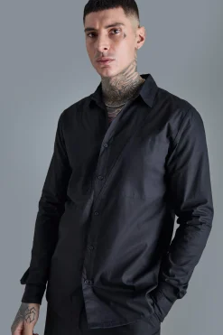 Tall Longsleeve Drop Revere Poplin Panel Shirt | BoohooMAN UK
