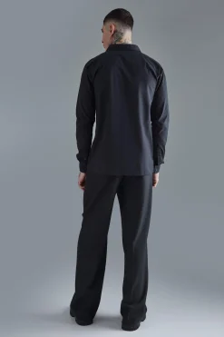 Tall Longsleeve Drop Revere Poplin Panel Shirt | BoohooMAN UK