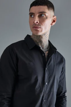 Tall Longsleeve Drop Revere Poplin Panel Shirt | BoohooMAN UK