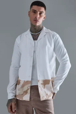 Tall Longsleeve Drop Revere Poplin Camouflage Print Shirt | BoohooMAN UK