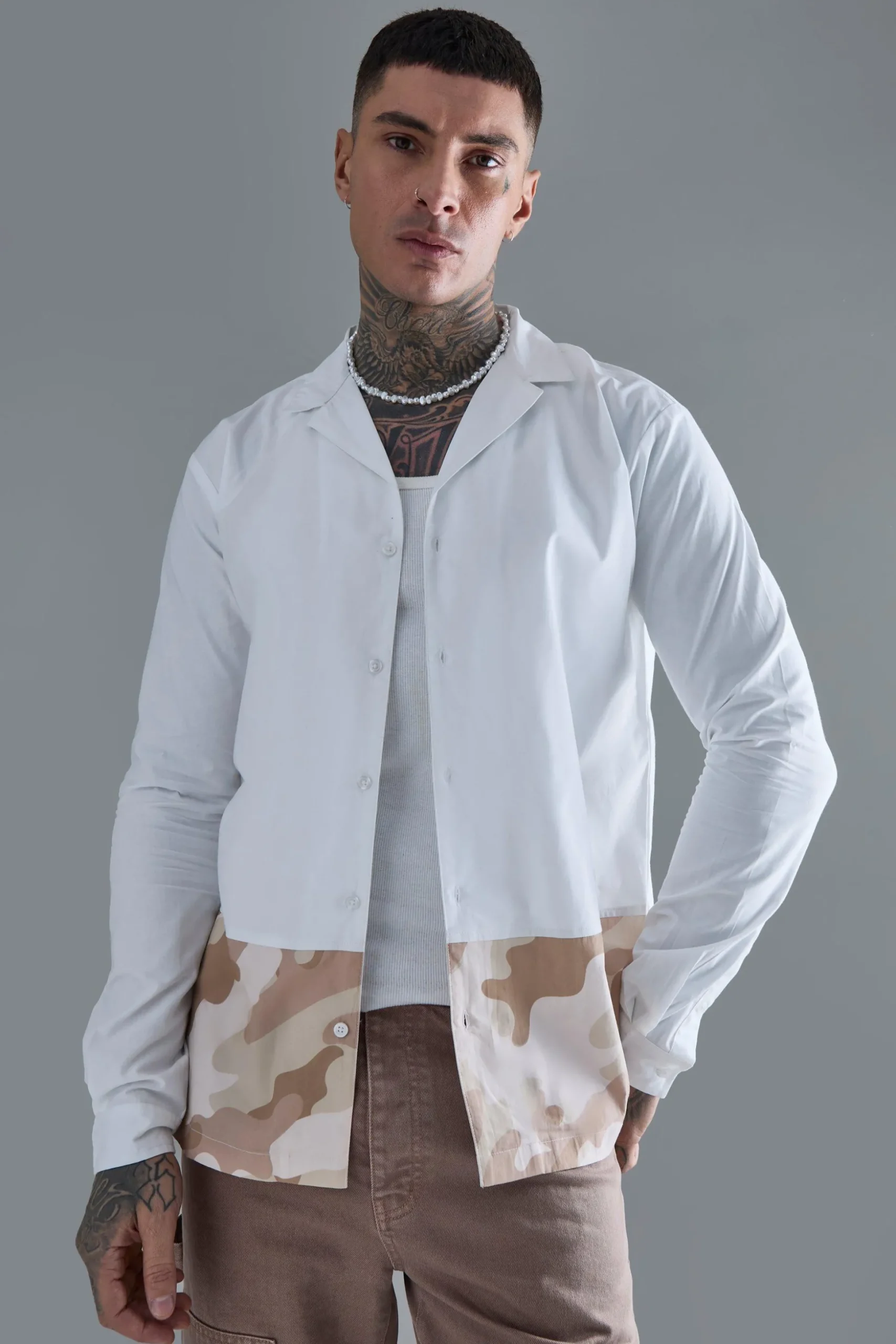 Tall Longsleeve Drop Revere Poplin Camouflage Print Shirt | BoohooMAN UK
