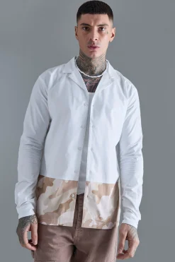 Tall Longsleeve Drop Revere Poplin Camouflage Print Shirt | BoohooMAN UK