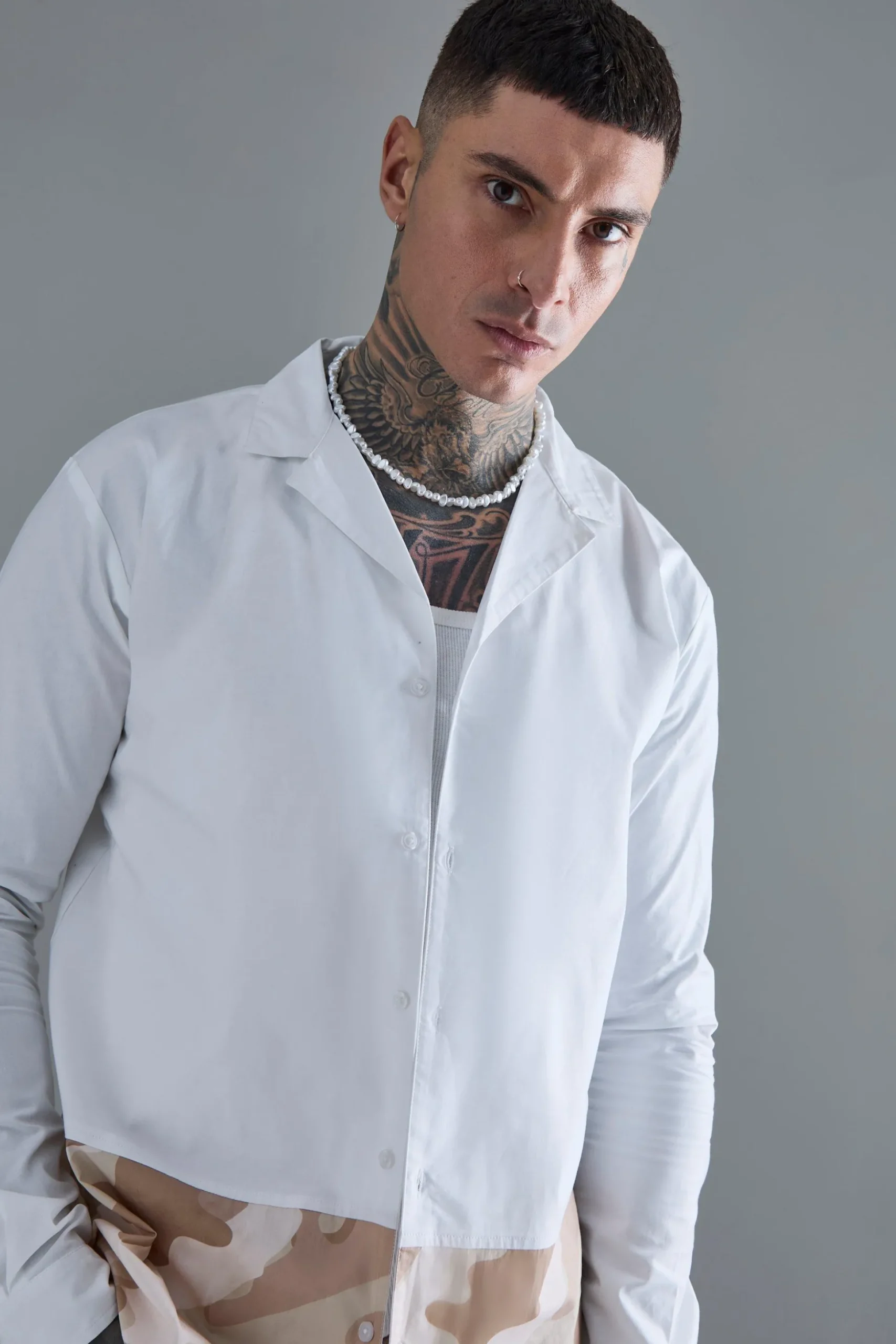 Tall Longsleeve Drop Revere Poplin Camouflage Print Shirt | BoohooMAN UK