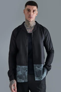 Tall Longsleeve Drop Revere Poplin Camouflage Print Shirt | BoohooMAN UK