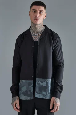 Tall Longsleeve Drop Revere Poplin Camouflage Print Shirt | BoohooMAN UK