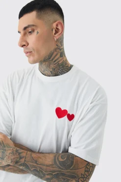 Tall Love Heart Embroidered T-shirt In White | BoohooMAN UK