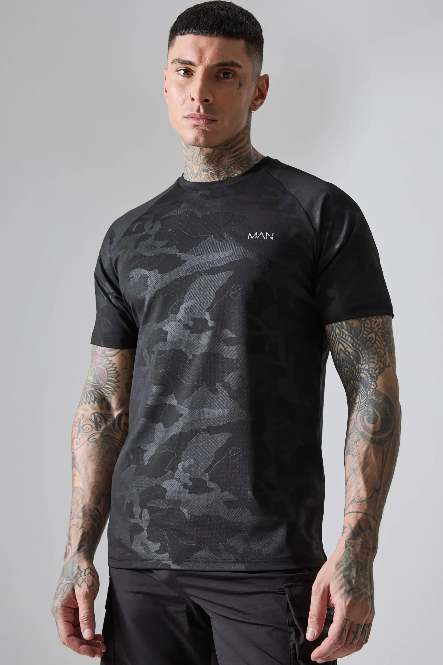 Tall Man Active Camo Raglan Regular Fit Performance T-shirt | BoohooMAN UK