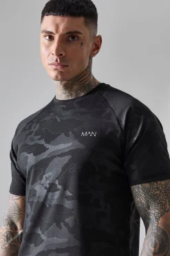 Tall Man Active Camo Raglan Regular Fit Performance T-shirt | BoohooMAN UK