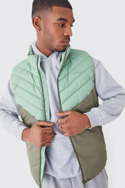 Tall Man Colour Block Quilted Funnel Neck Gilet | BoohooMAN UK