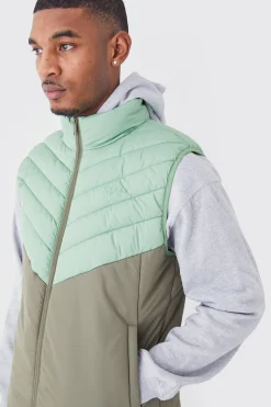 Tall Man Colour Block Quilted Funnel Neck Gilet | BoohooMAN UK