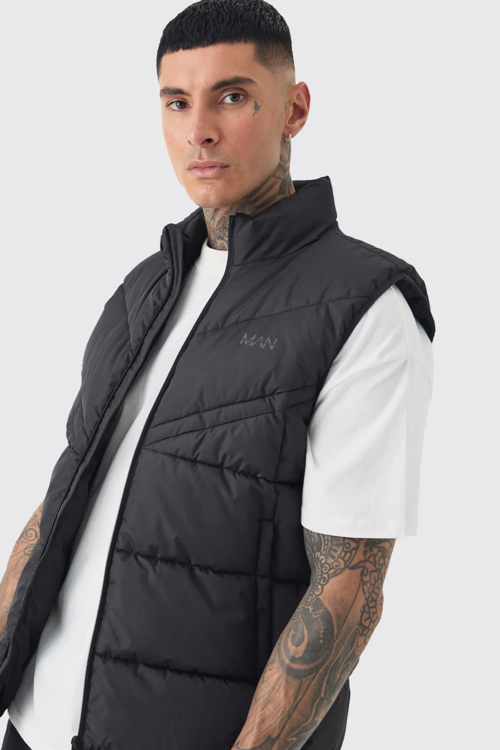 Tall Man Dash Quilted Funnel Neck Gilet | BoohooMAN UK