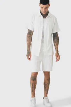 Tall Man Embossed Towelling Shirt & Short Set White | BoohooMAN UK