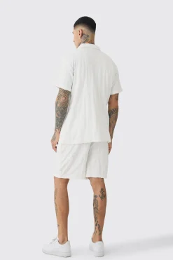 Tall Man Embossed Towelling Shirt & Short Set White | BoohooMAN UK