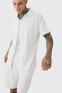Tall Man Embossed Towelling Shirt & Short Set White | BoohooMAN UK