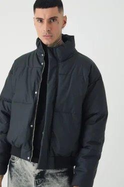 Tall Matte PU Funnel Neck Puffer In Black | BoohooMAN UK