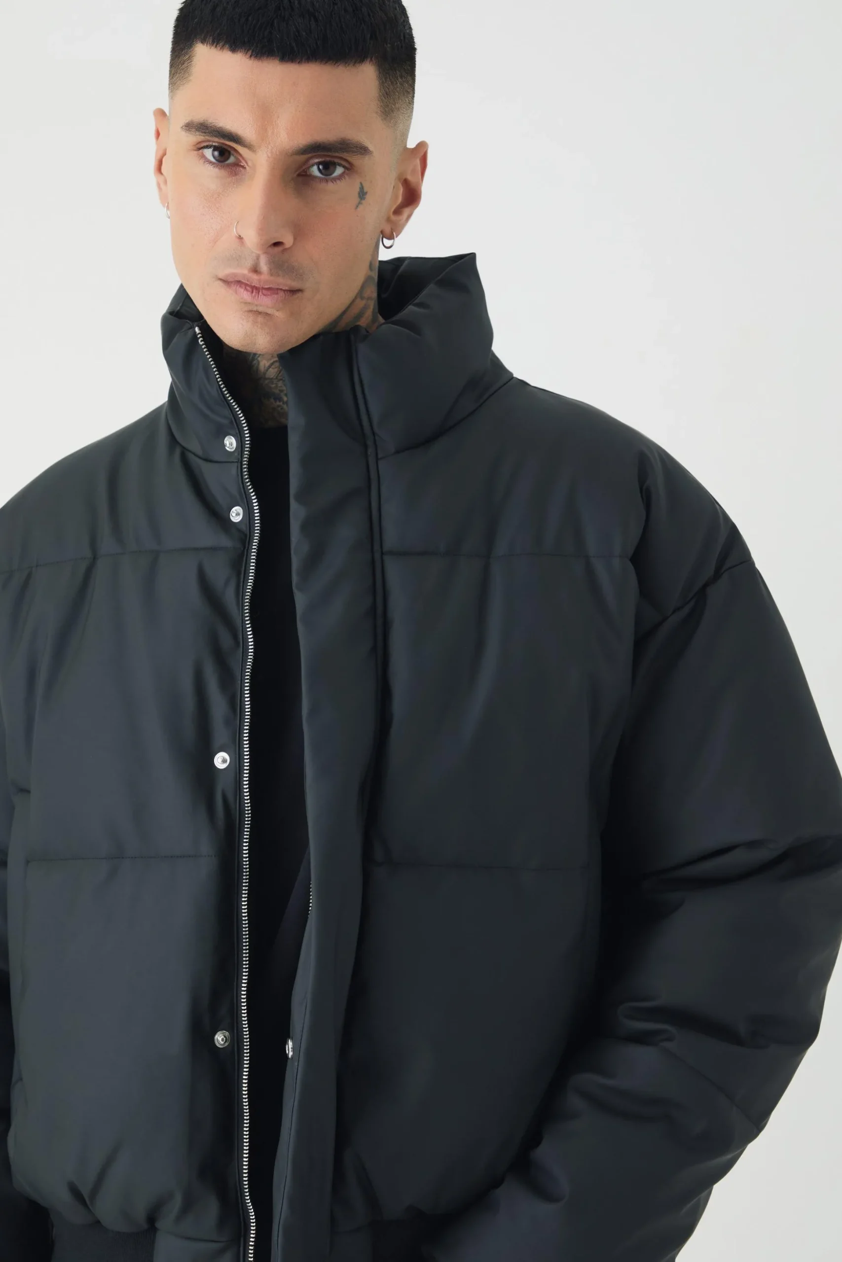 Tall Matte PU Funnel Neck Puffer In Black | BoohooMAN UK