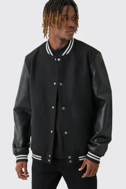 Tall Melton & PU Sleeve Varsity Jacket In Black | BoohooMAN UK