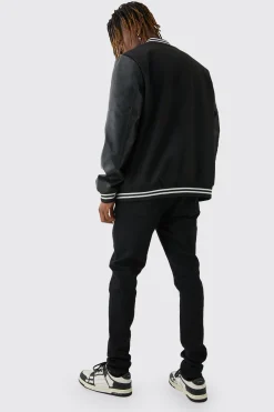 Tall Melton & PU Sleeve Varsity Jacket In Black | BoohooMAN UK
