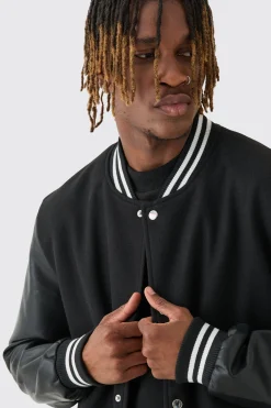 Tall Melton & PU Sleeve Varsity Jacket In Black | BoohooMAN UK