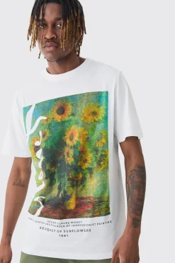 Tall Monet Sunflower Printed Licensed T-shirt In White | BoohooMAN UK